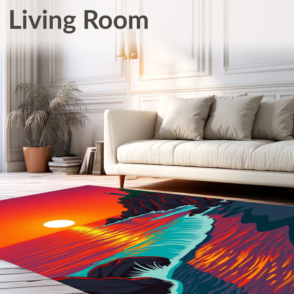 Crimson Sunset Lighthouse Coastal Abstract Rug