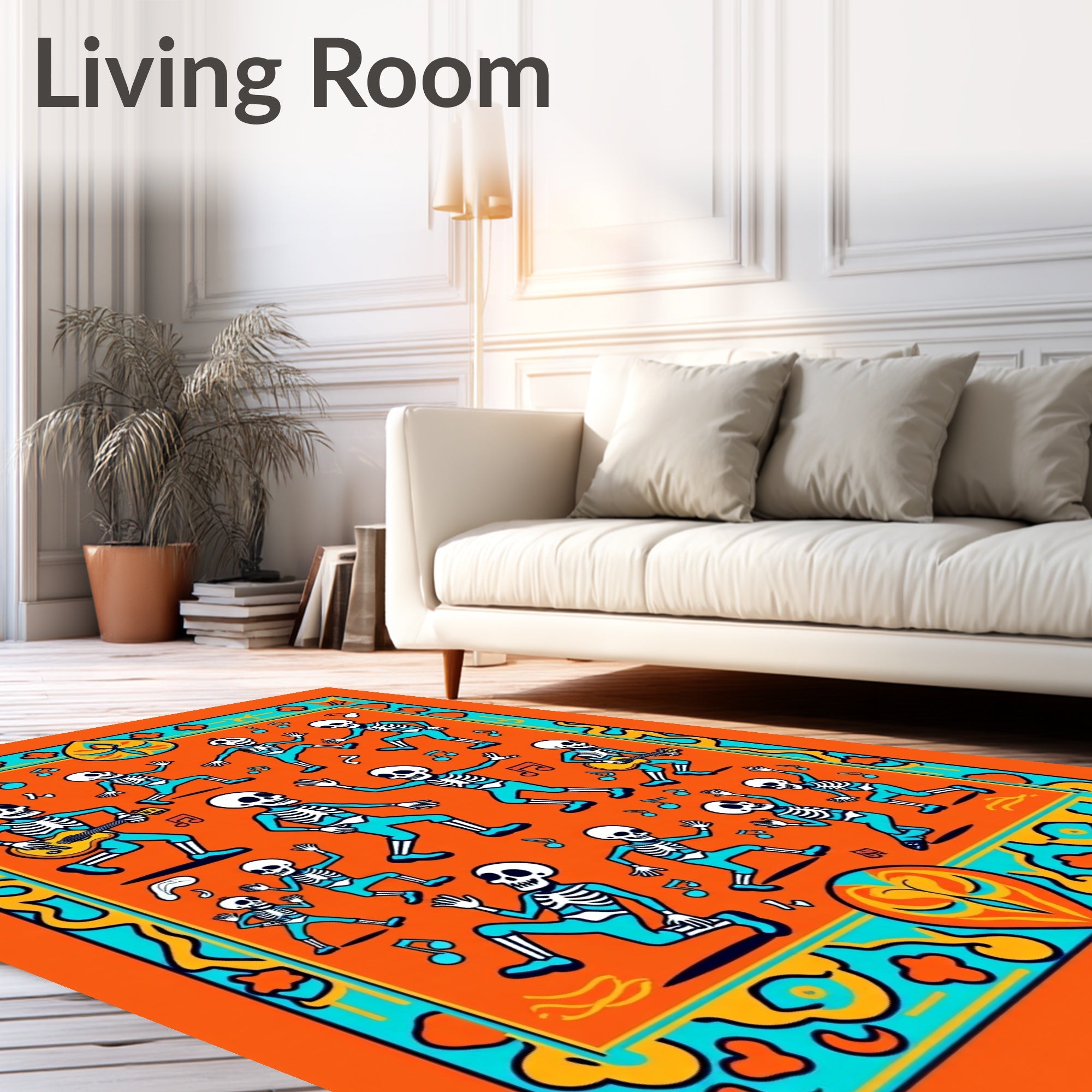 Dancing Skeletons Orange Turquoise Music Rug