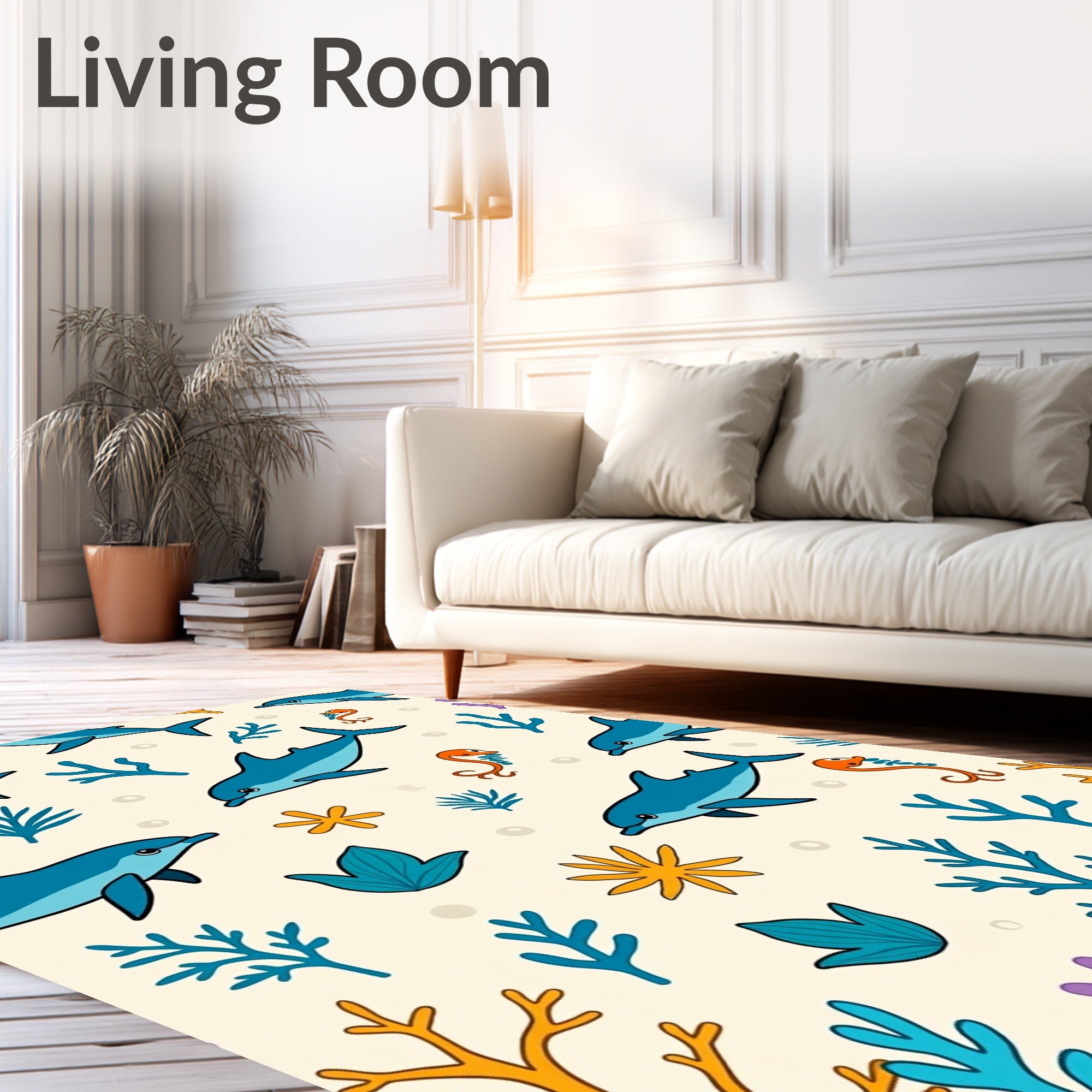 Playful Blue Dolphin Coral Scene Rug