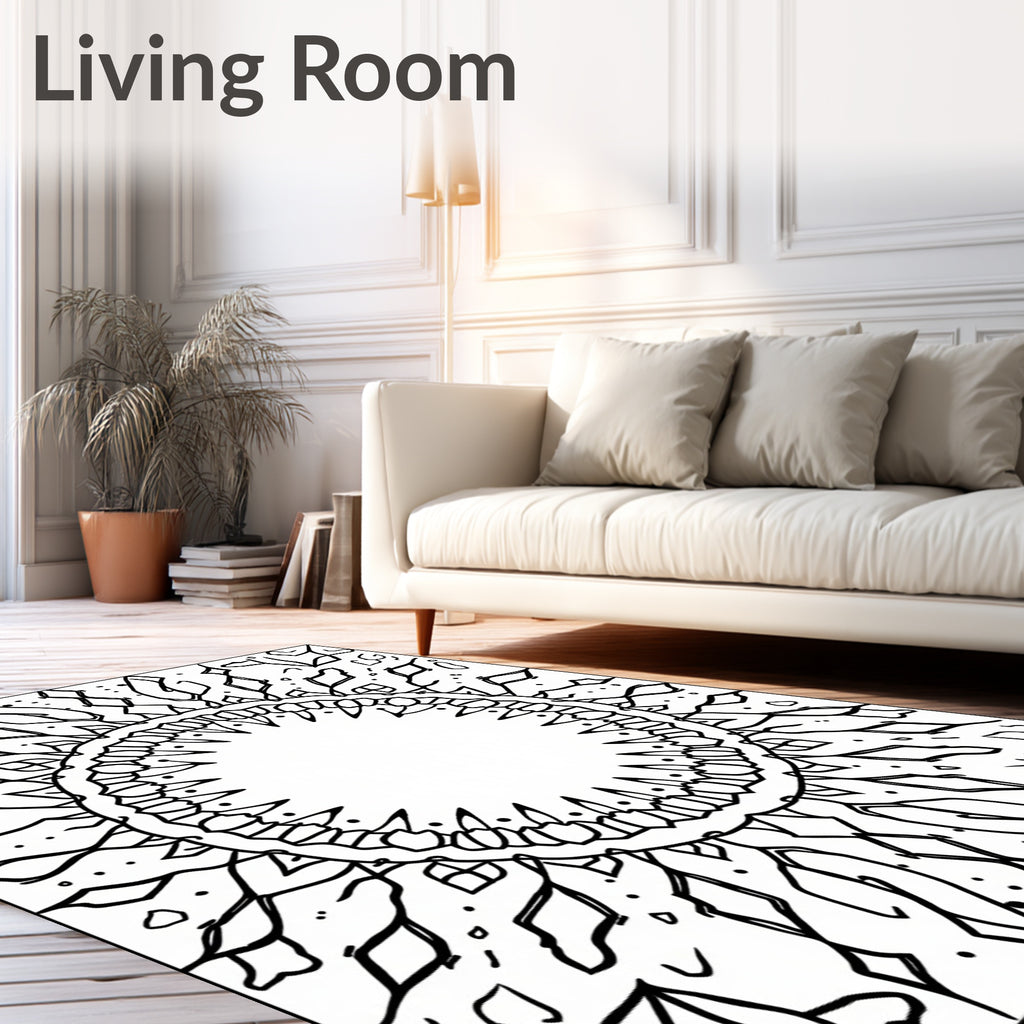 Bold Black Sunburst Geometric Mandala Rug