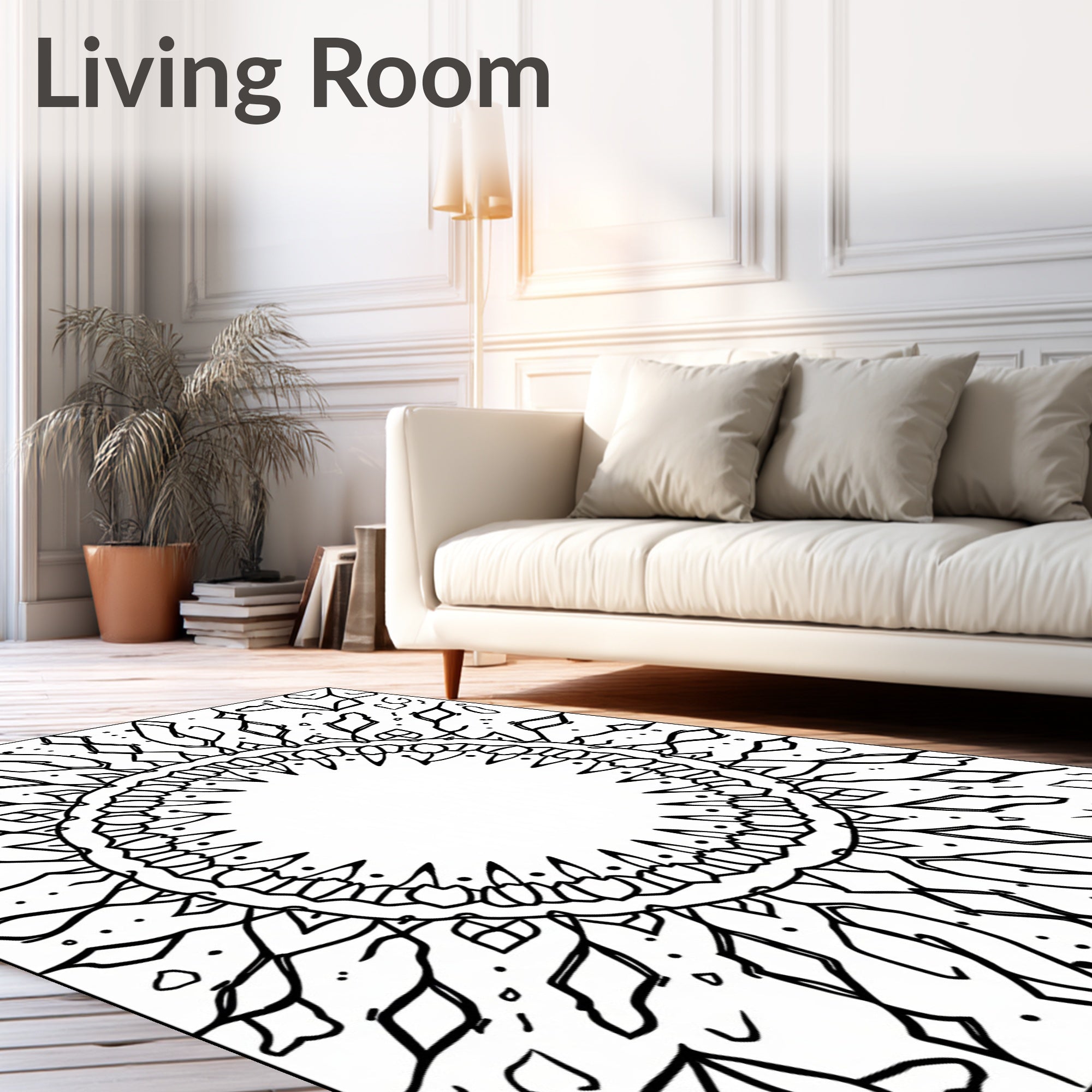 Bold Black Sunburst Geometric Mandala Rug