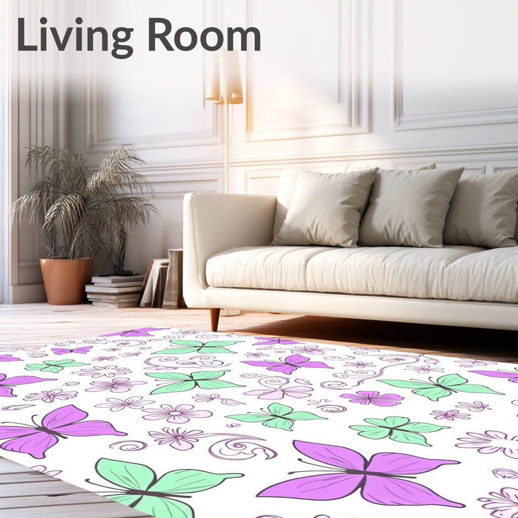 Soft Purple Green Butterfly Meadow Rug