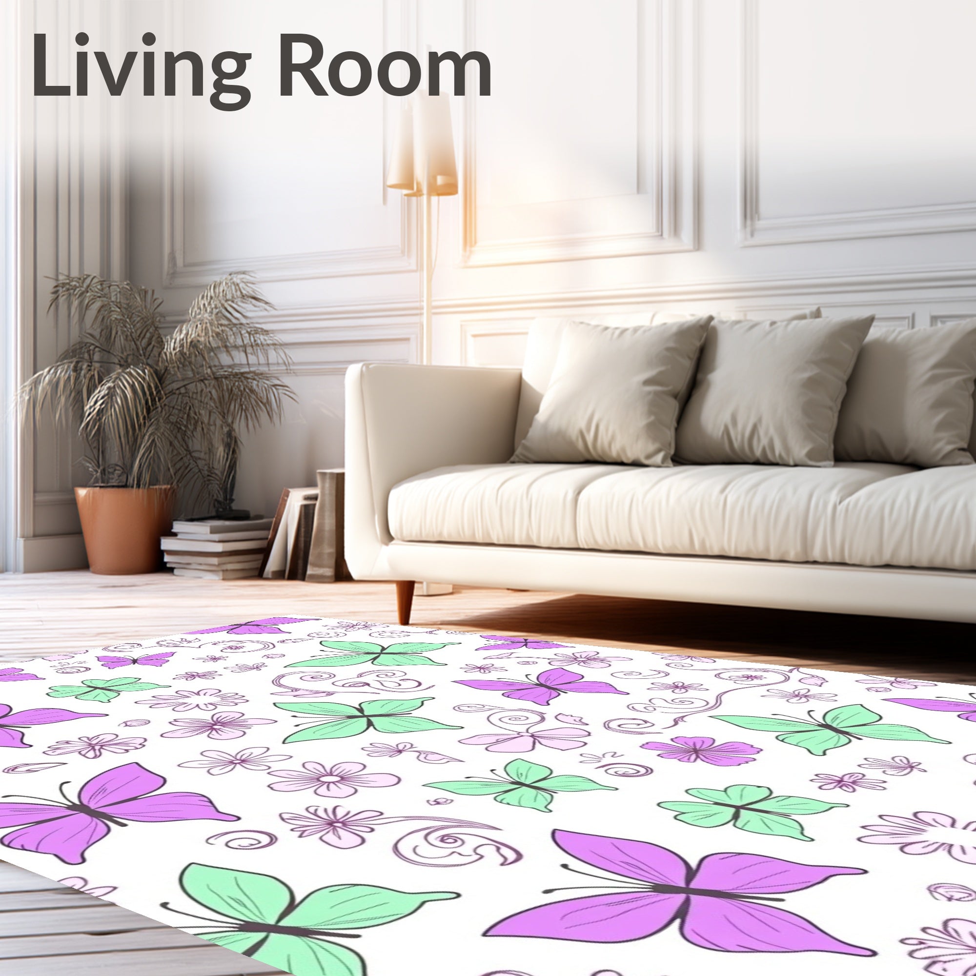 Soft Purple Green Butterfly Meadow Rug
