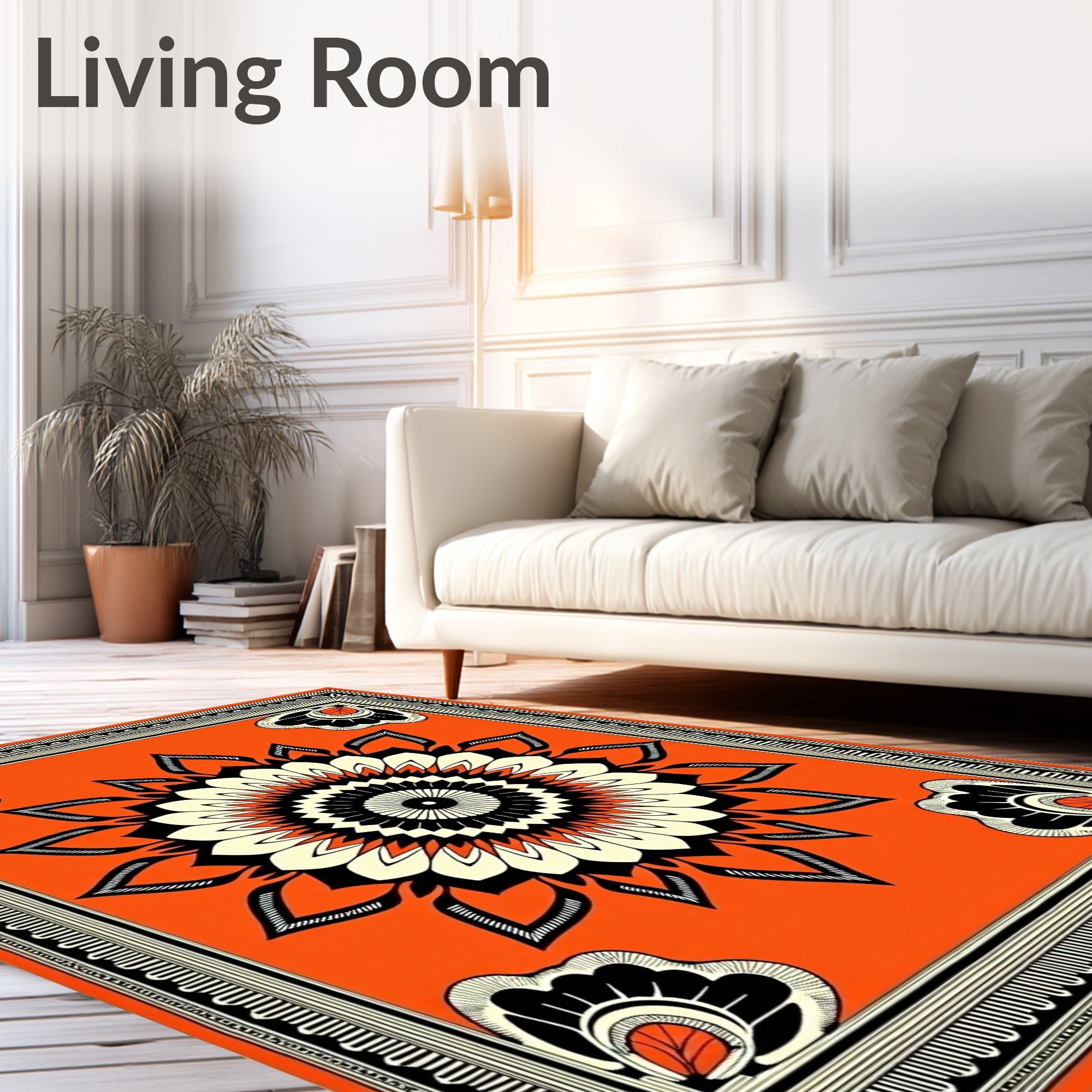 Orange Mandala Floral Black Cream Rug