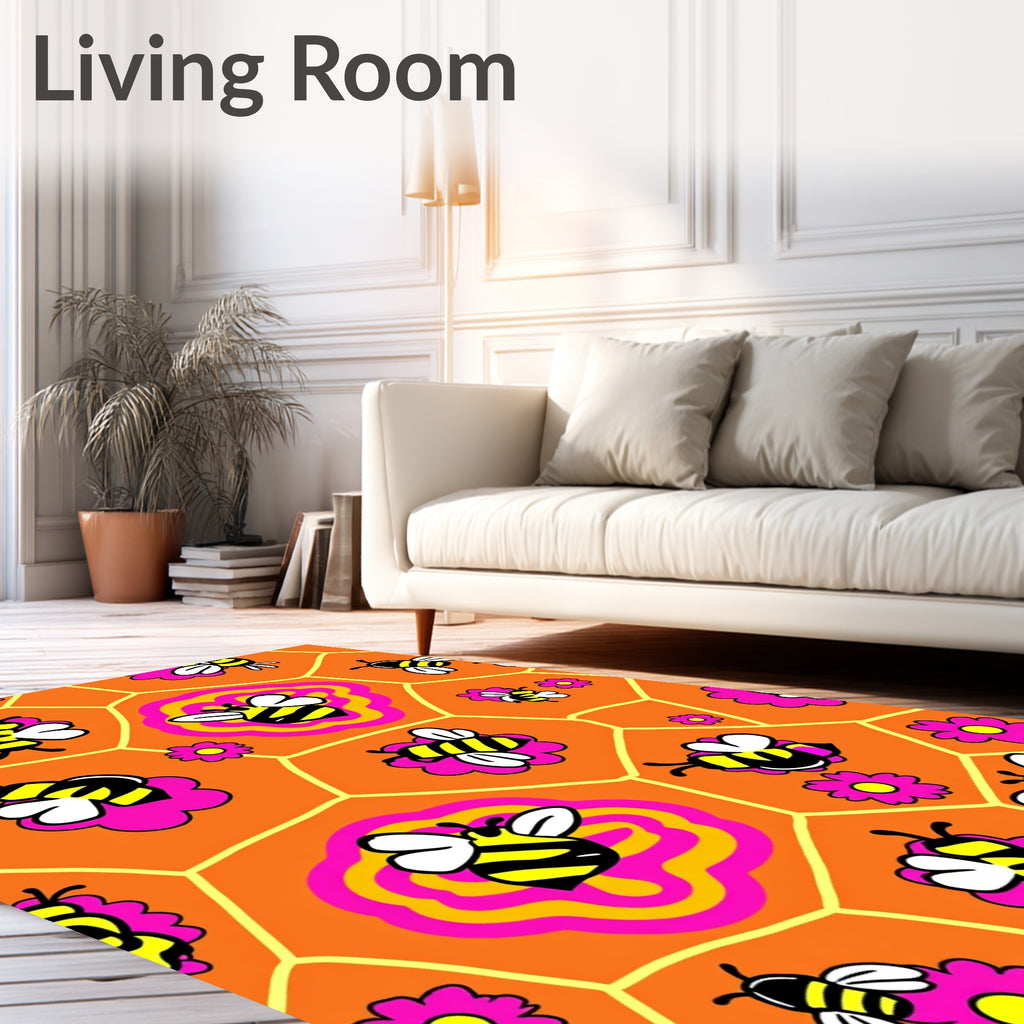 Whimsical Yellow Bee Honeycomb Graphic Rug
