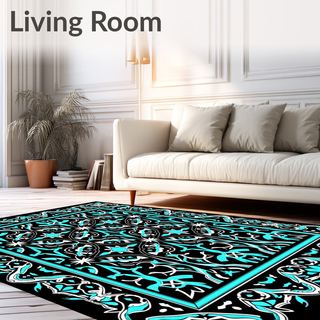 Bold Cyan Geometric Scrollwork Rug