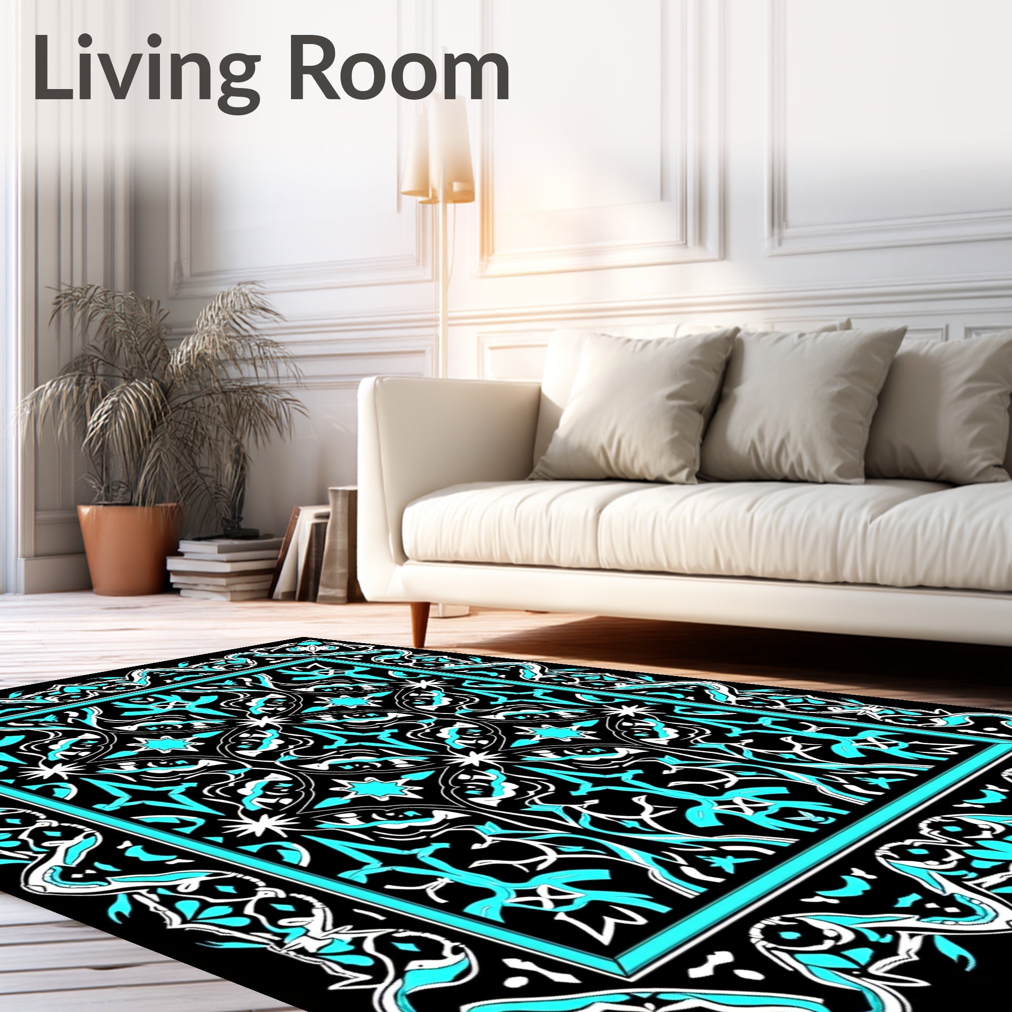 Bold Cyan Geometric Scrollwork Rug