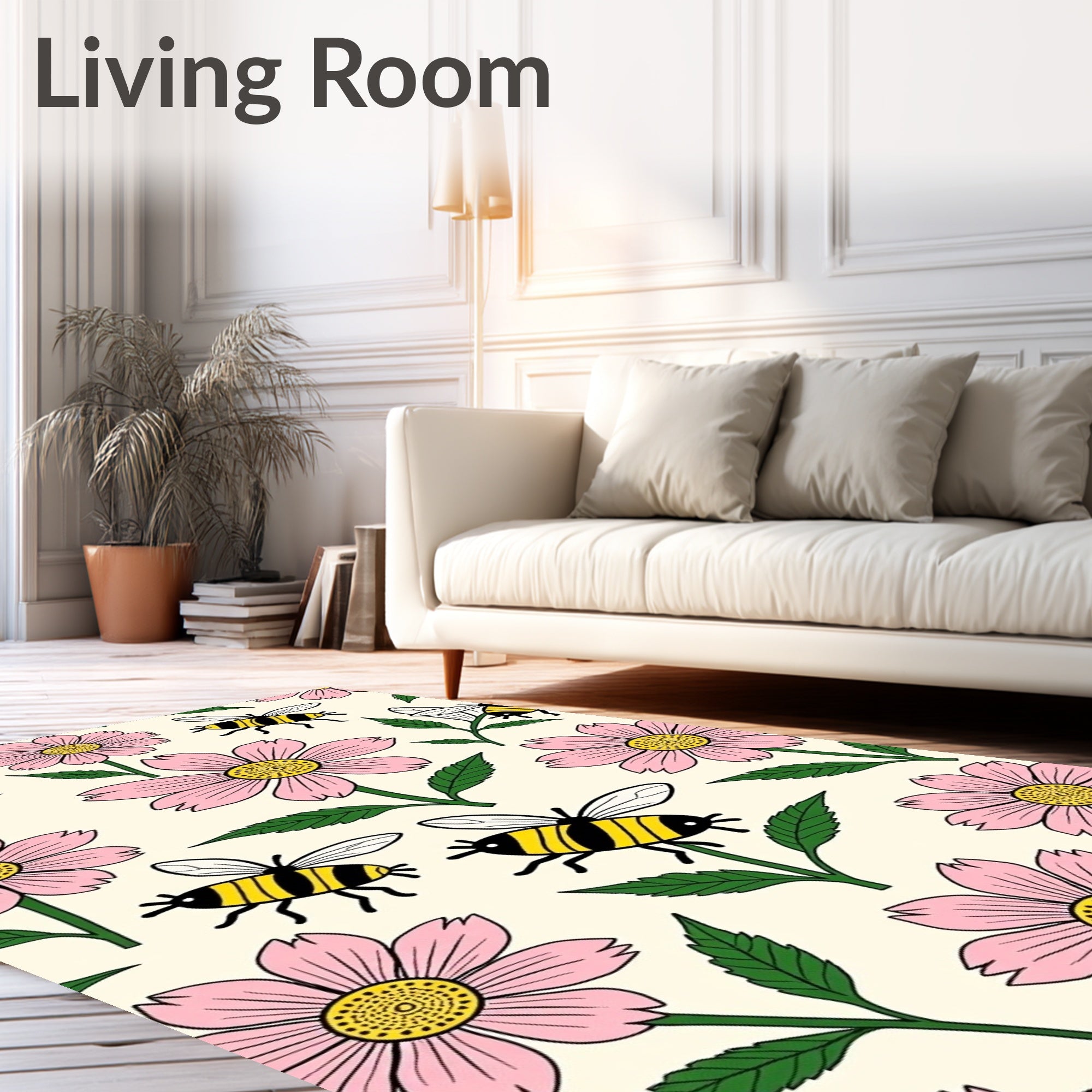 Pink Daisies Yellow Bees Garden Rug