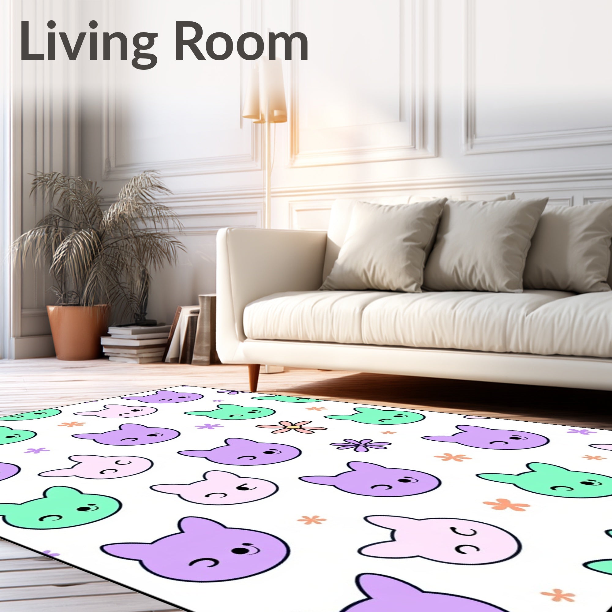 Kawaii Purple Mint Pink Bunny Flowers Rug