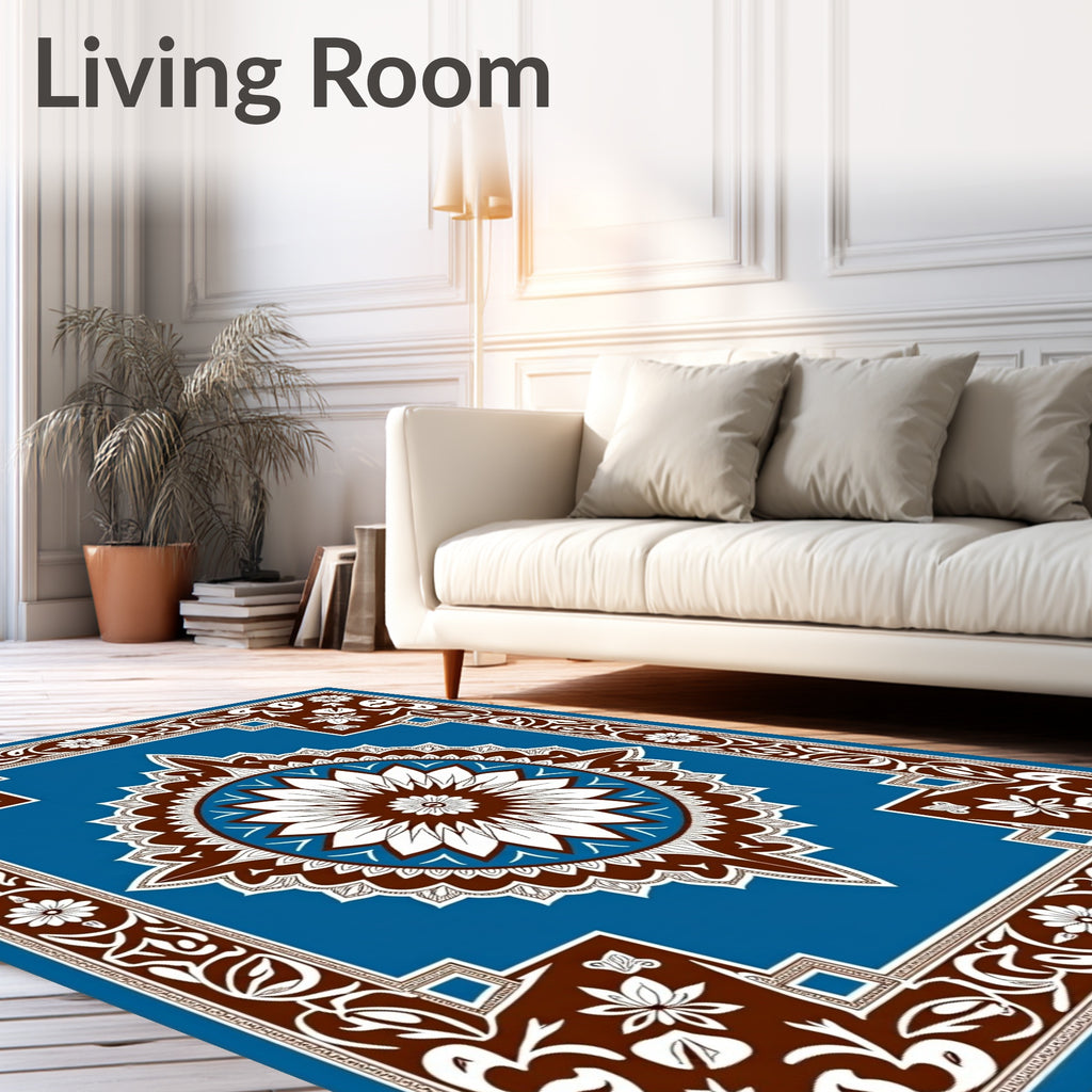 Blue Brown White Floral Mandala Rug