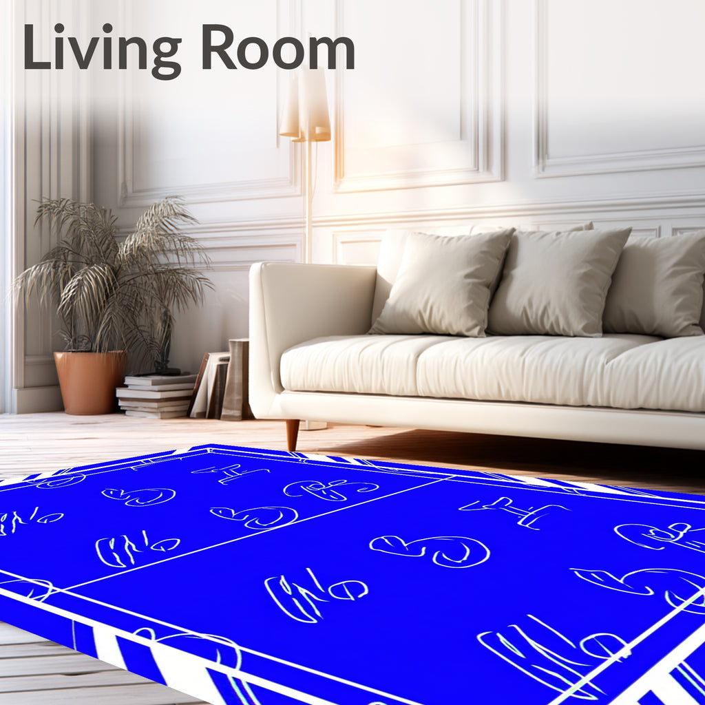 Bold Blue White Abstract Script Rug