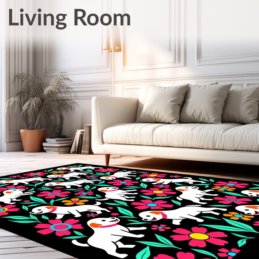 Happy White Dogs Floral Collage Rug