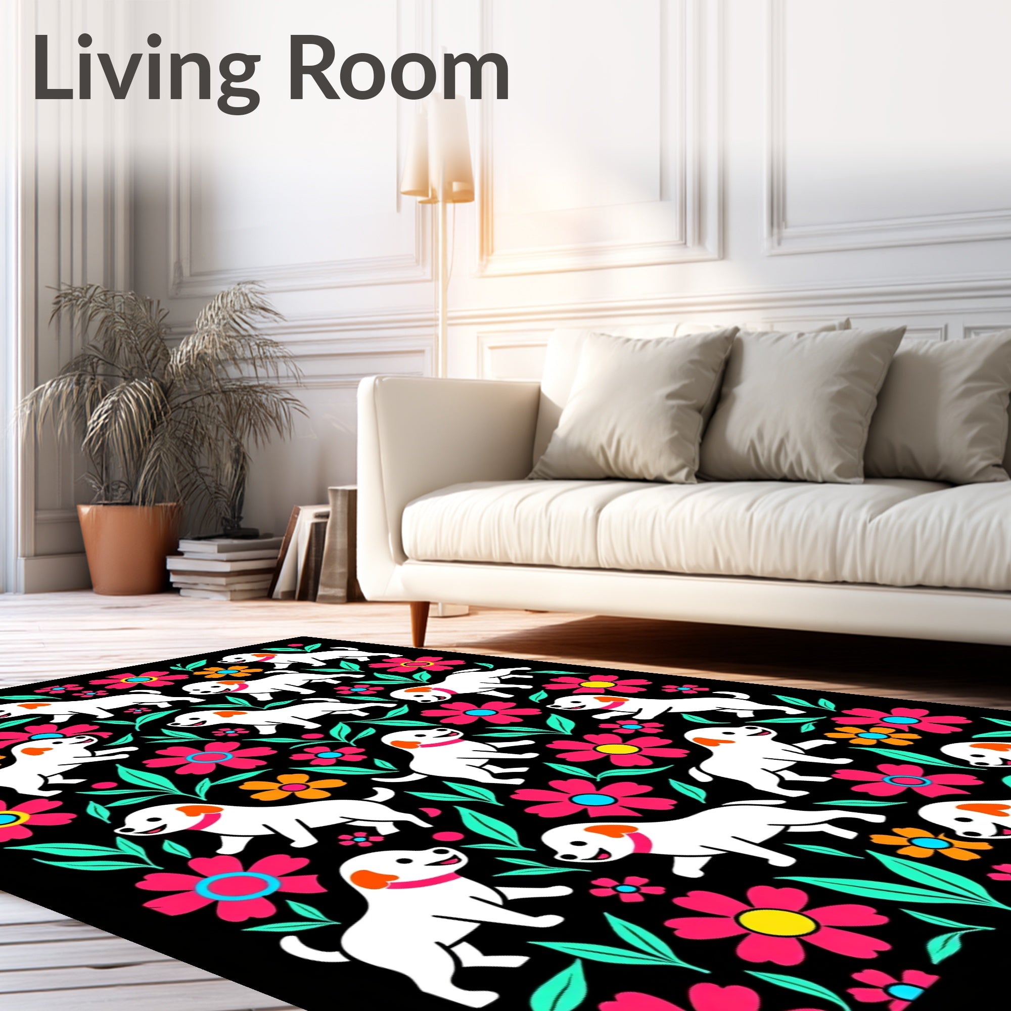 Happy White Dogs Floral Collage Rug