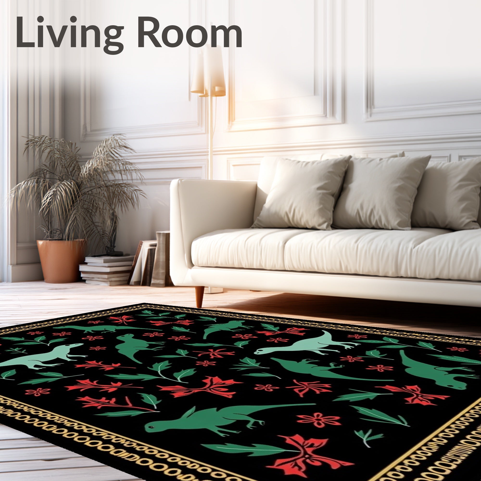 Durable Dinosaurs Red Floral Black Rug