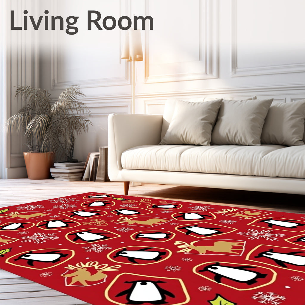 Red Christmas Penguins Snowflakes Reindeer Holly Rug