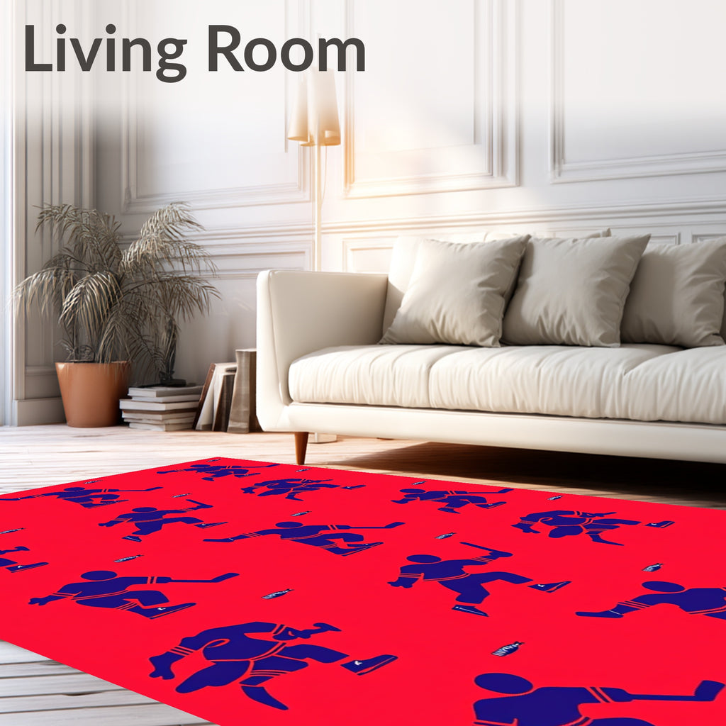 Red Blue Hockey Players Repeating Pattern Rug