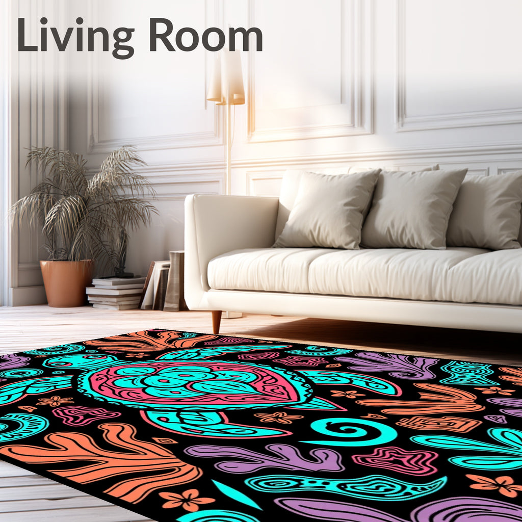 Oceanic Turtle Vibrant Coral Swirls Rug