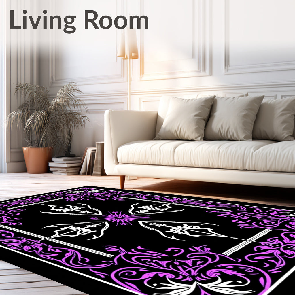 Ornate Violet Floral Medallion Black Rug
