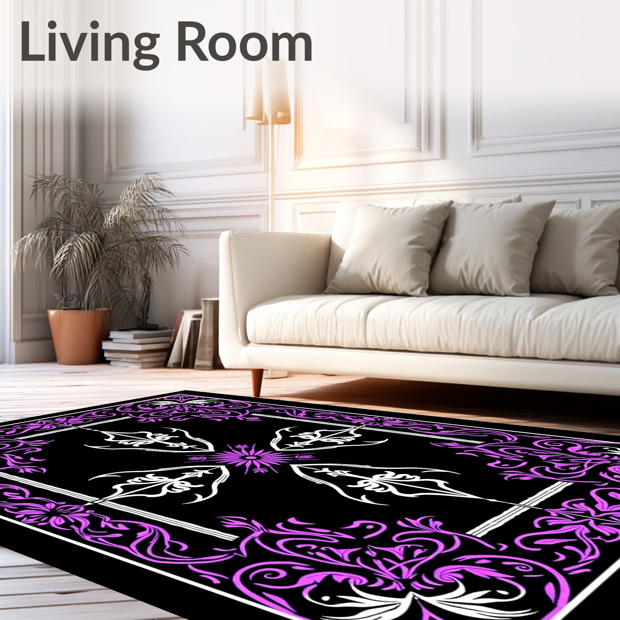 Ornate Violet Floral Medallion Black Rug