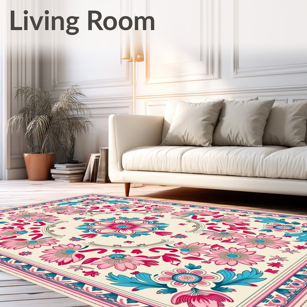Pink Blue Floral Medallion Border Rug