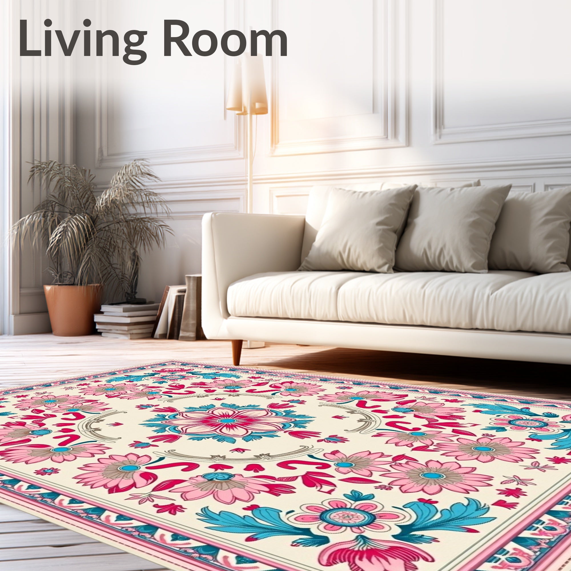 Pink Blue Floral Medallion Border Rug