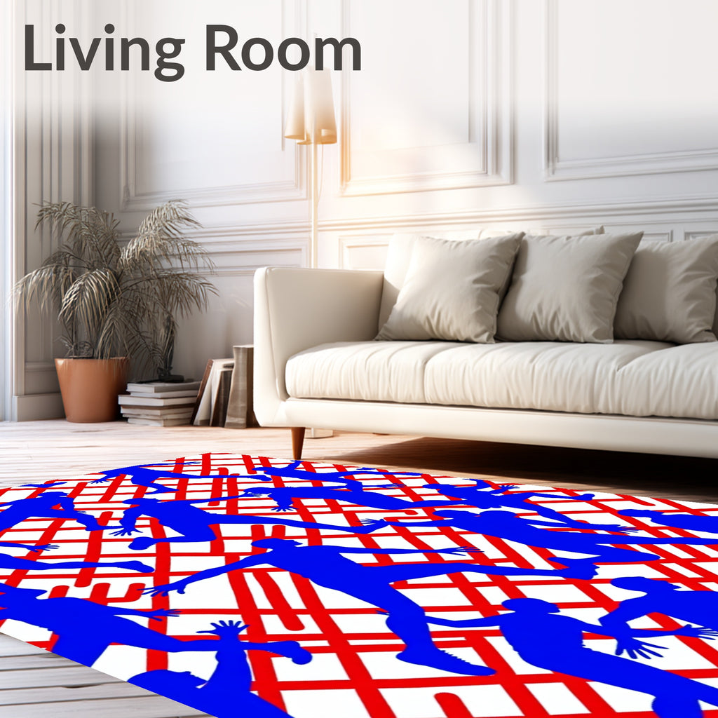 Athletic Blue Figures Over Red Grid Rug