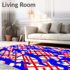 Athletic Blue Figures Over Red Grid Rug