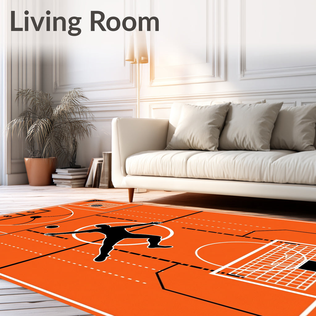 Orange Black Silhouette Soccer Field Rug