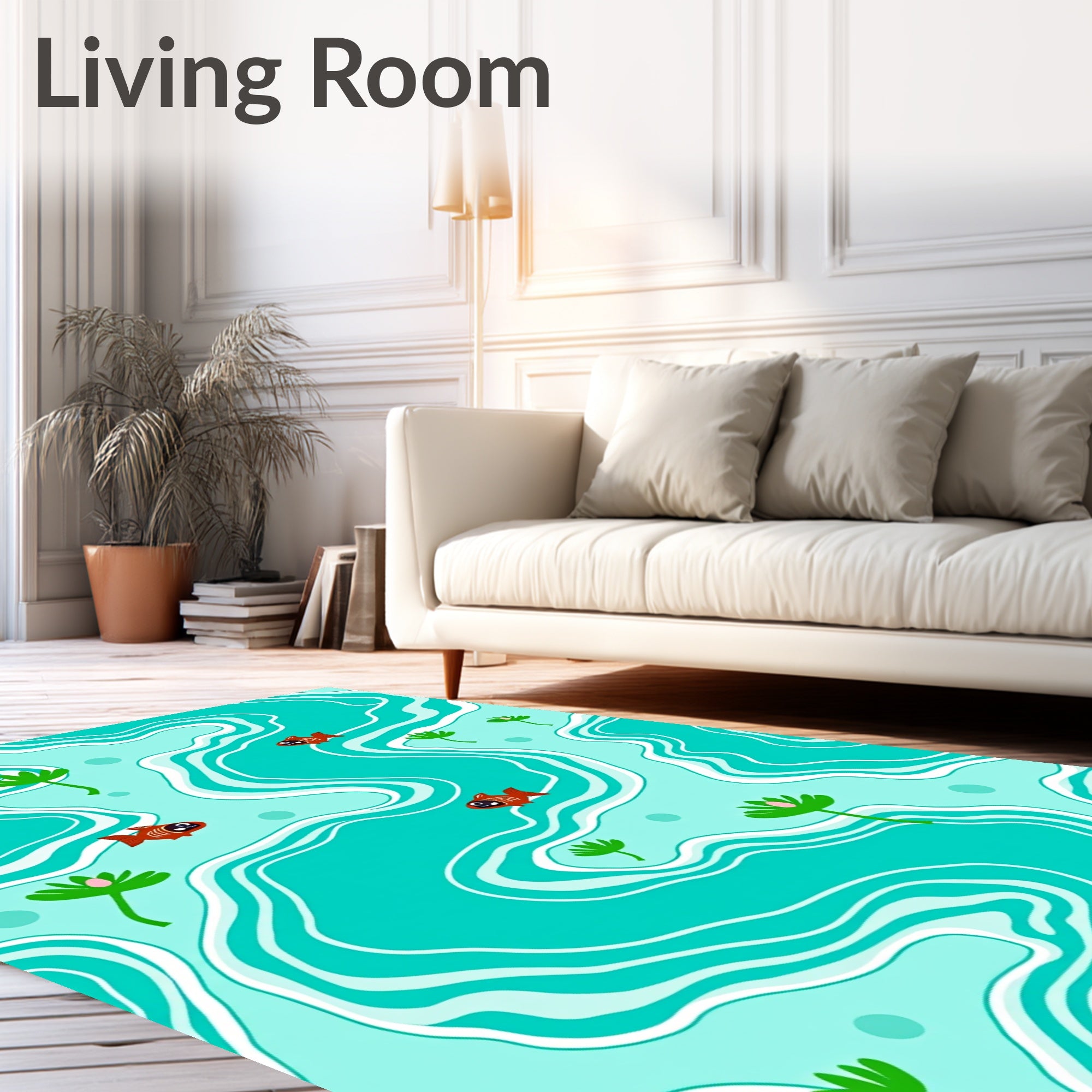Playful Orange Fish Aquatic Waves Rug