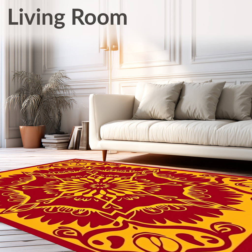 Crimson Yellow Mandala Sunburst Rug