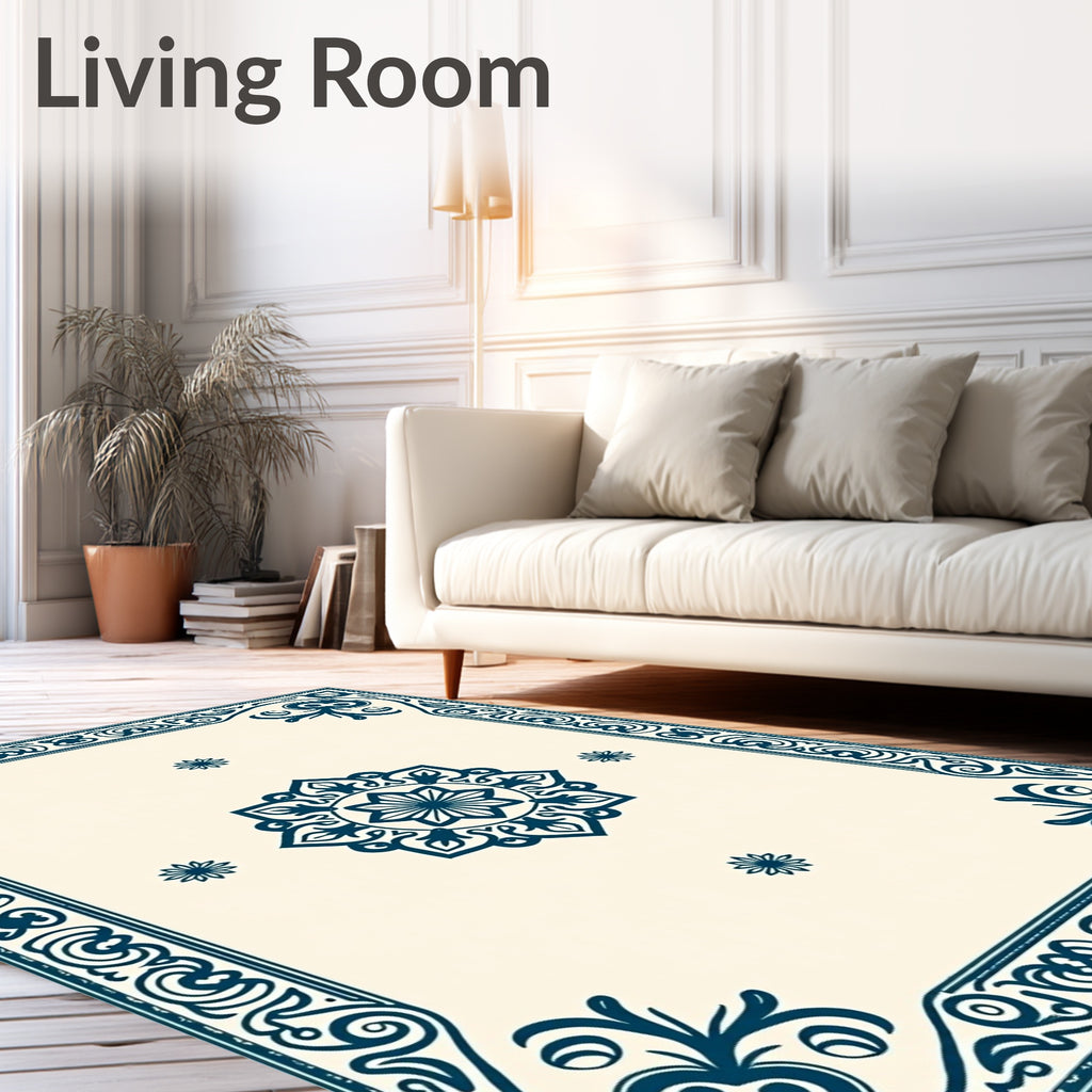 Deep Blue Ornate Floral Medallion Rug