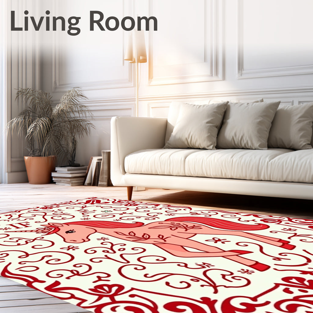 Whimsical Red Floral Unicorn Tapestry Rug
