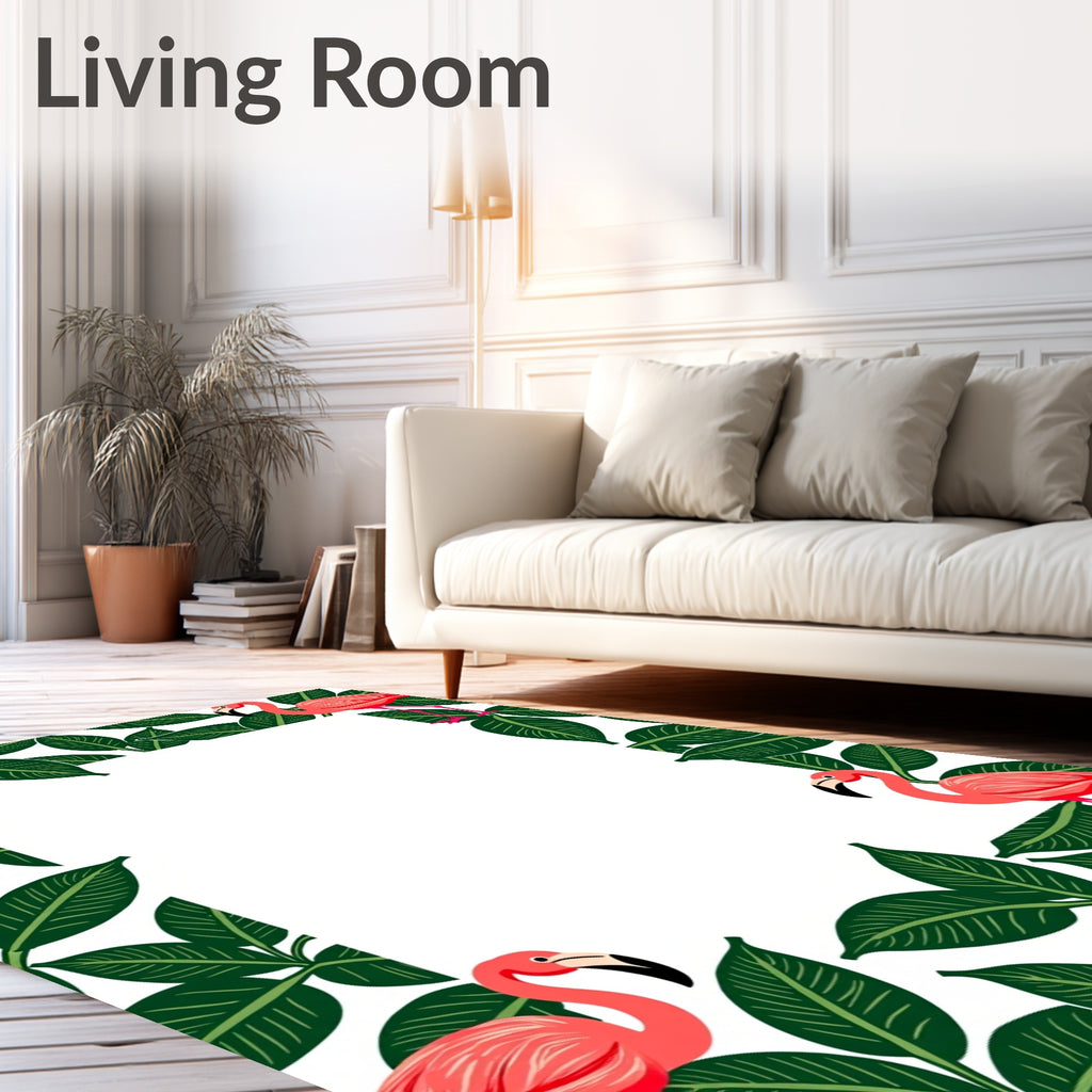 Pink Flamingo Tropical Leaf Frame Rug