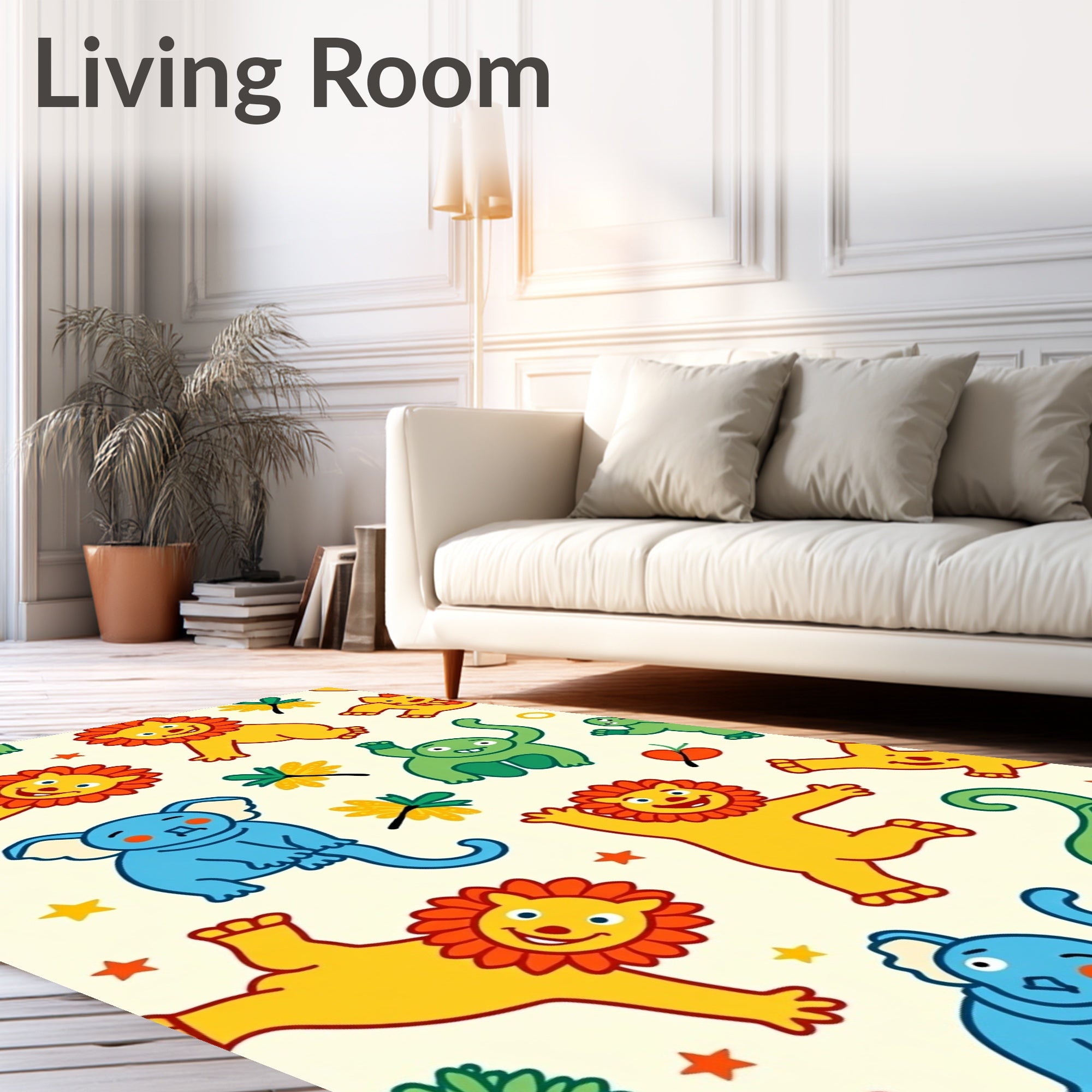 Playful Jungle Animals Yellow Blue Green Rug