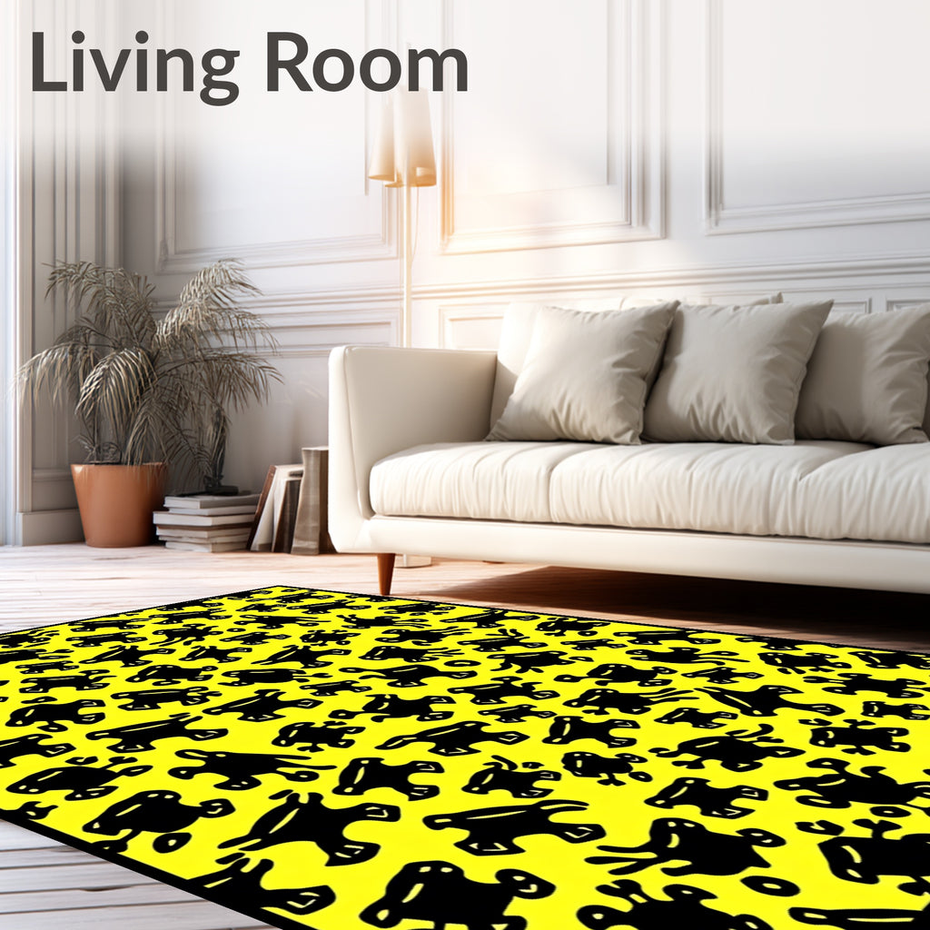 Bright Yellow Black Blob Collage Rug