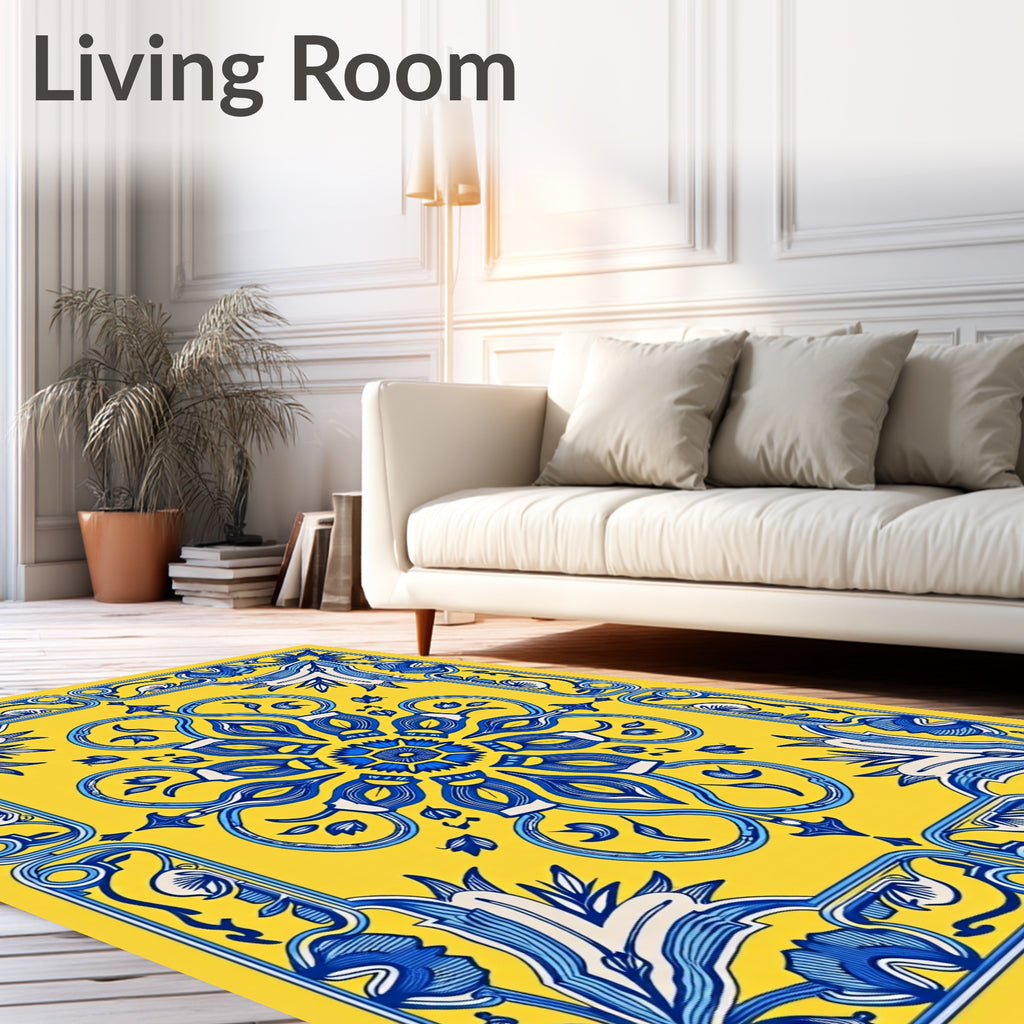 Sunny Yellow Blue Floral Medallion Rug