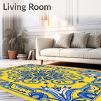 Sunny Yellow Blue Floral Medallion Rug