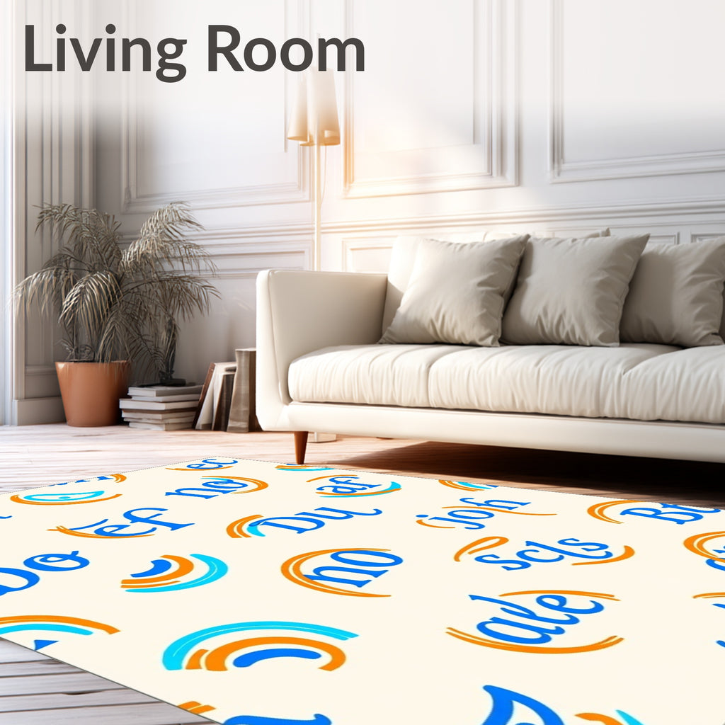 Playful Blue Orange Text Collage Rug