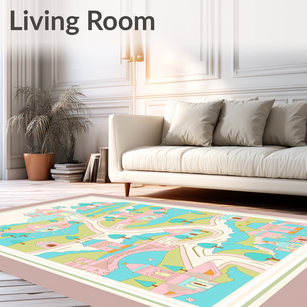 Whimsical Pastel Village Landscape Rug