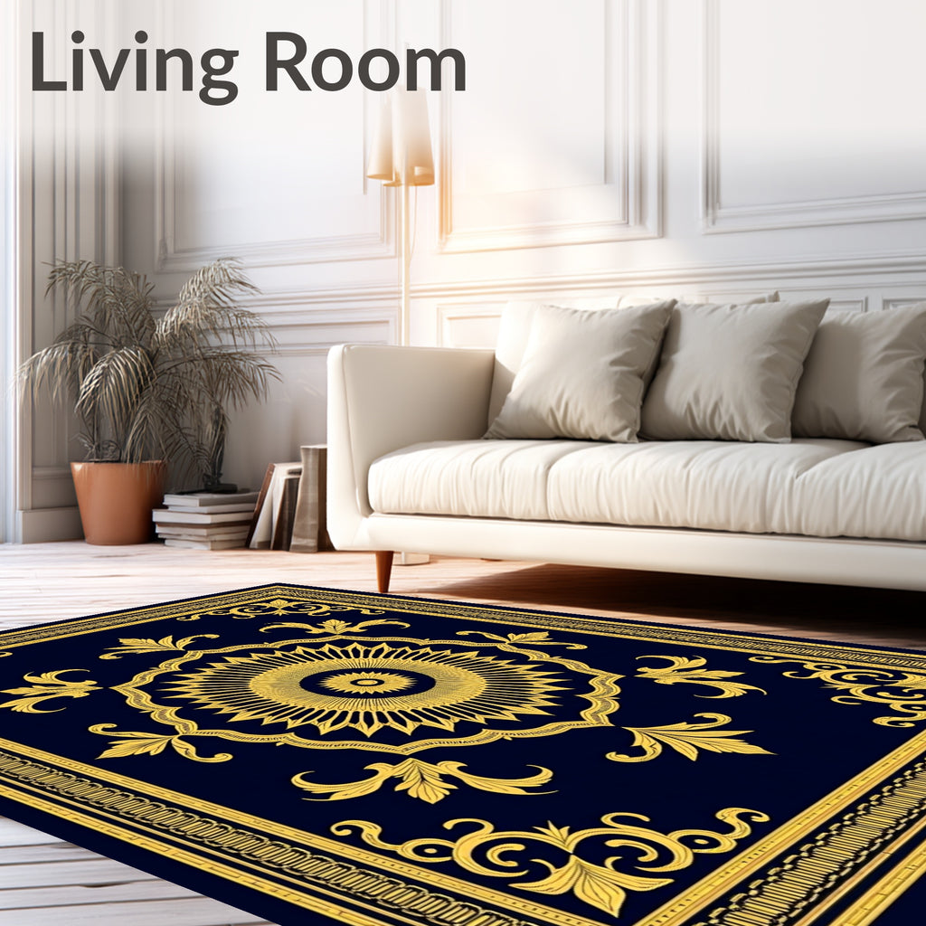 Golden Sun Medallion Navy Scroll Rug