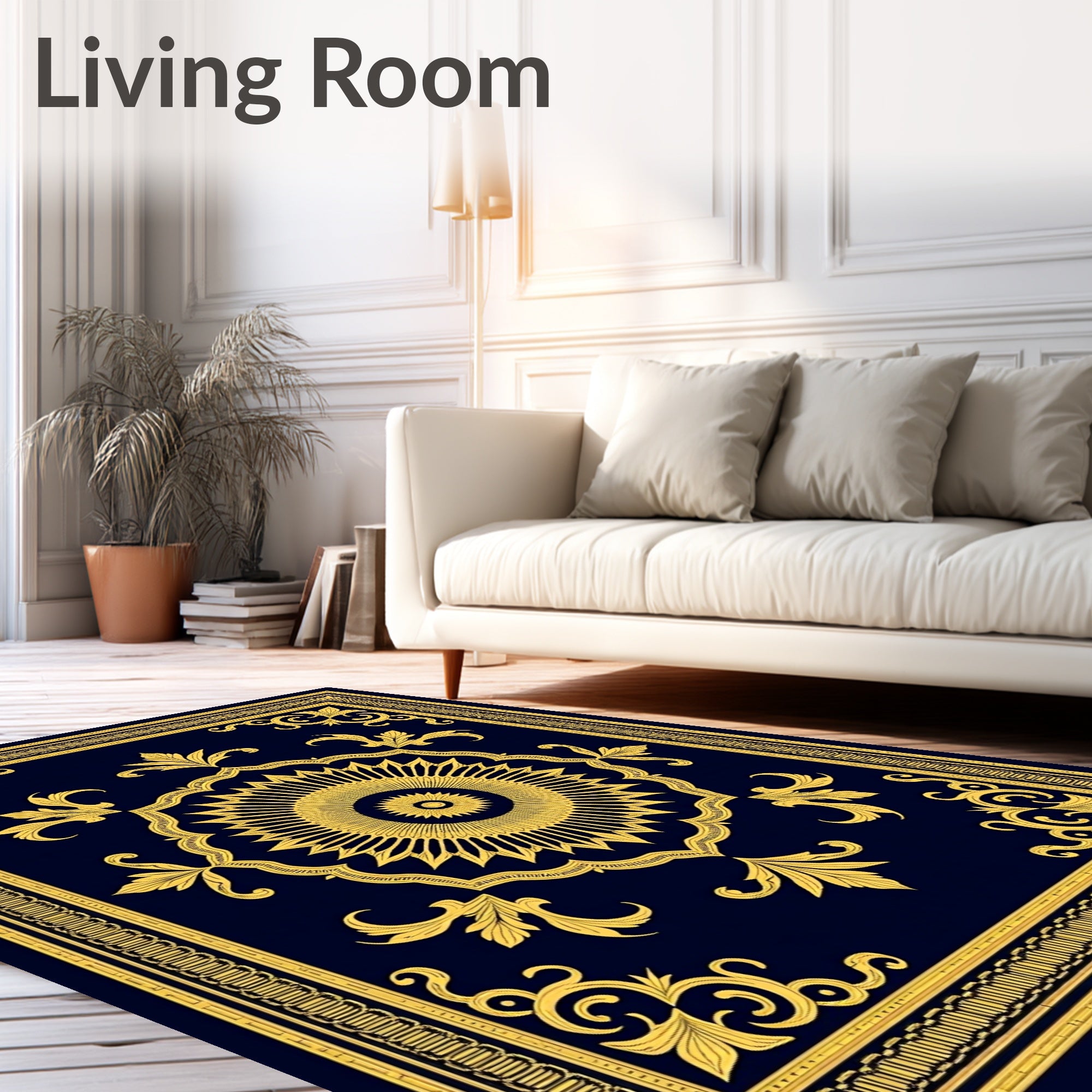 Golden Sun Medallion Navy Scroll Rug