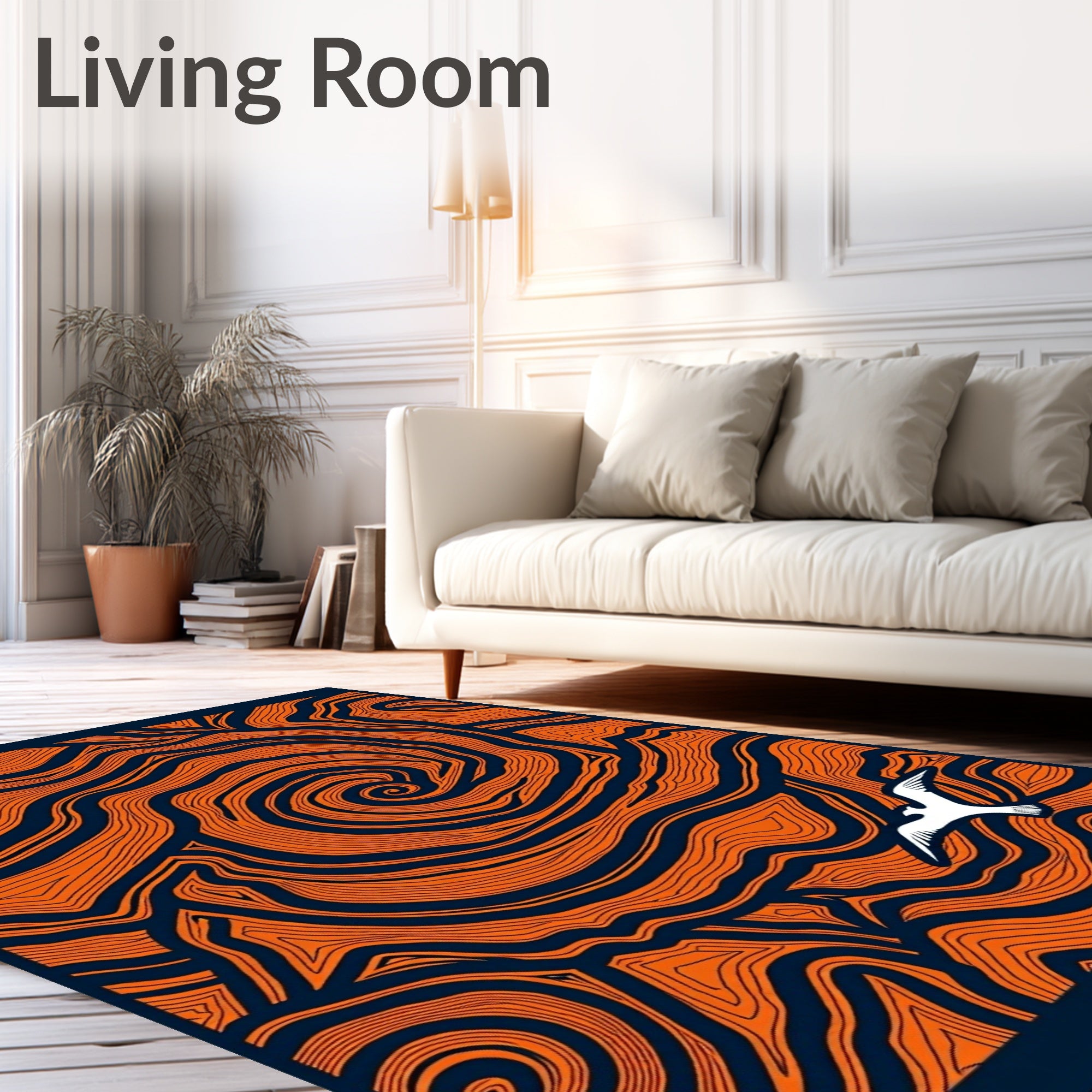 Orange Swirls With White Bird Rug