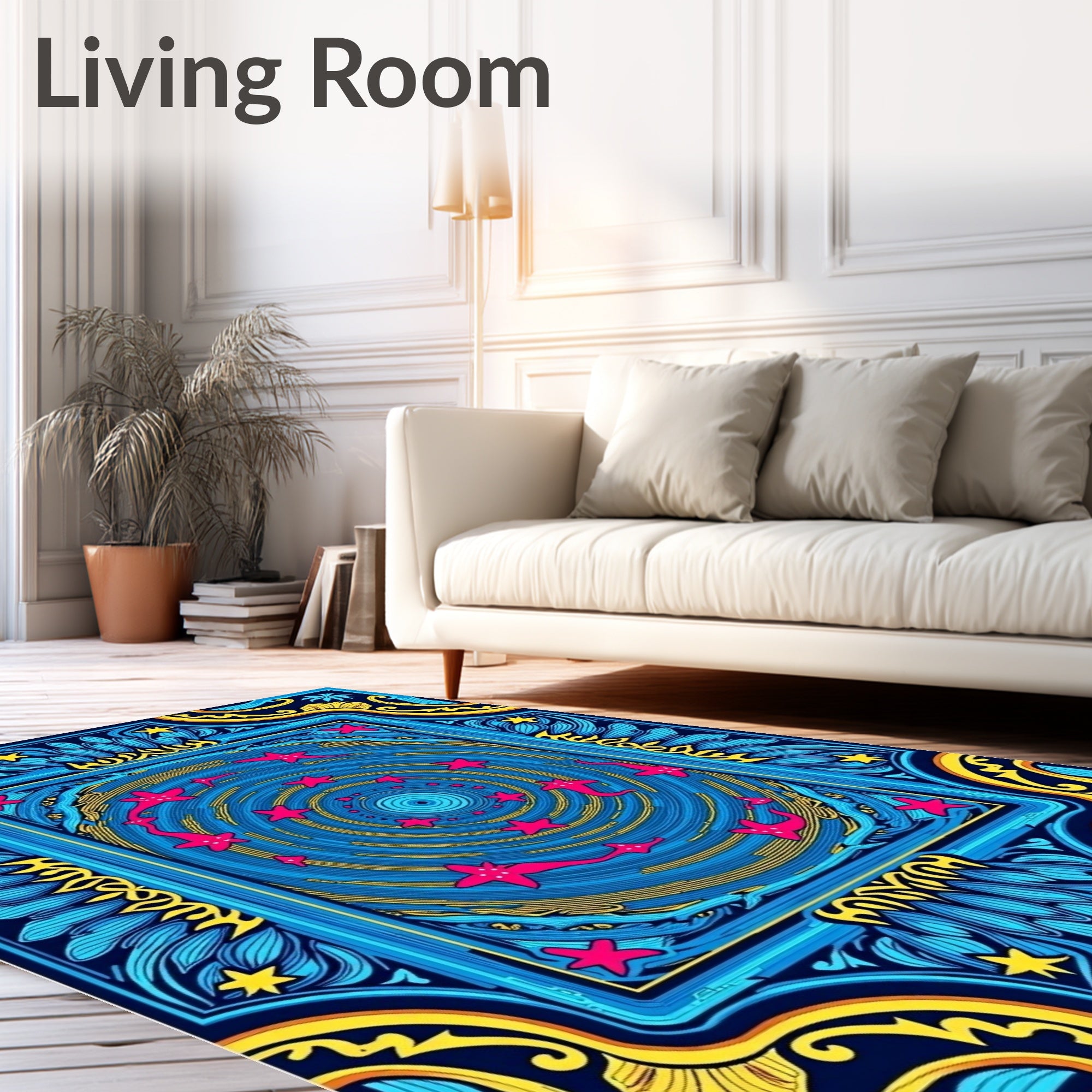 Vibrant Blue Starry Swirl Frame Rug