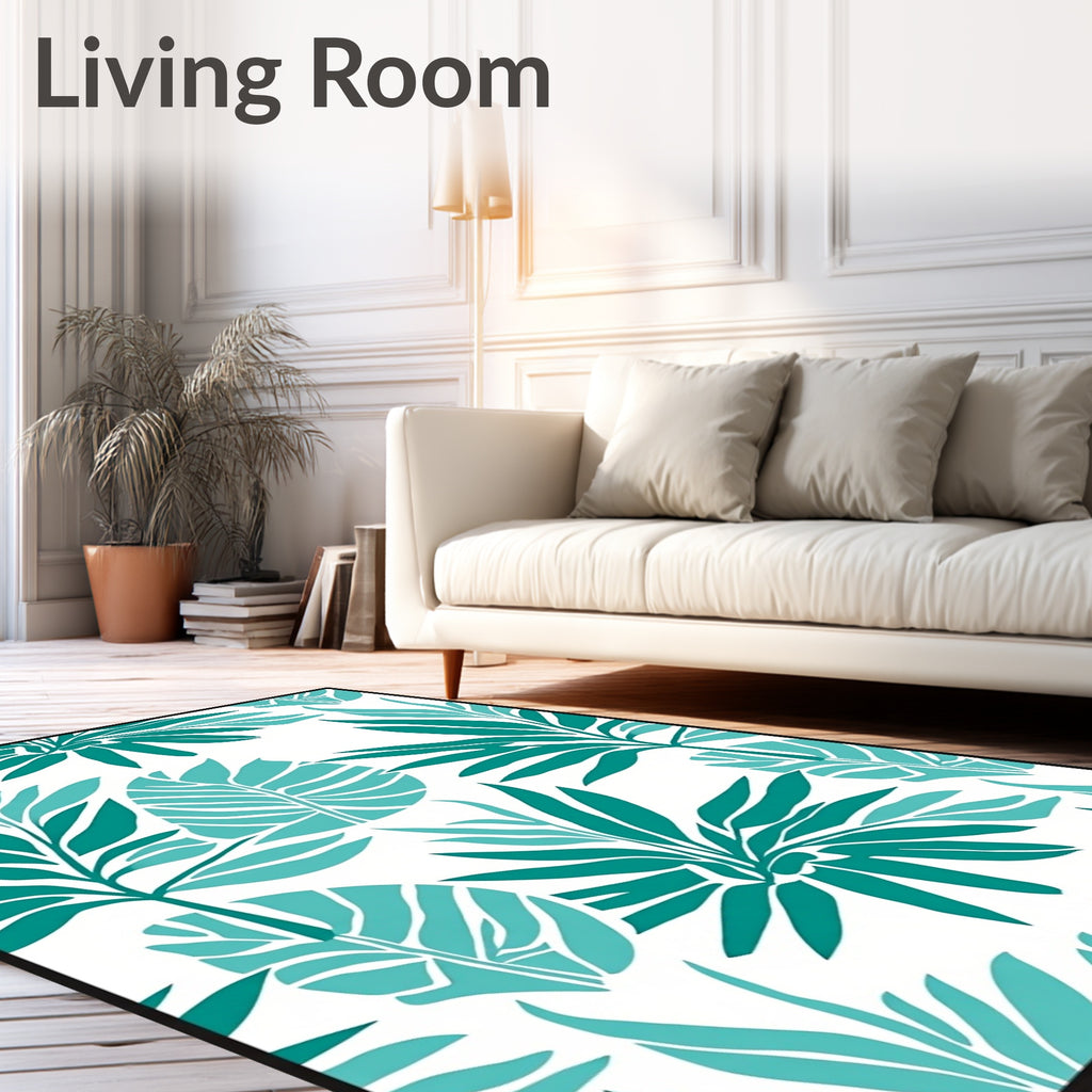 Teal Tropical Leaf All Over Rug