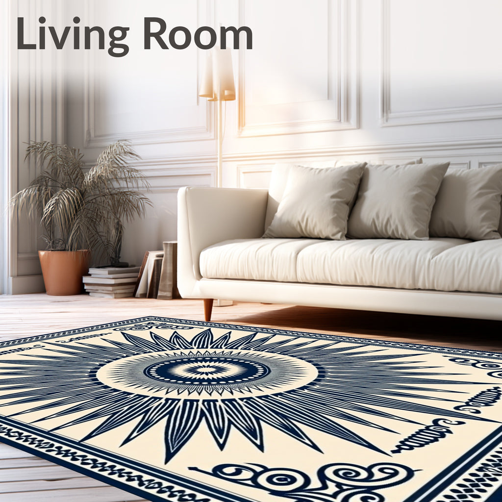 Navy Sunburst Mandala Border Design Rug