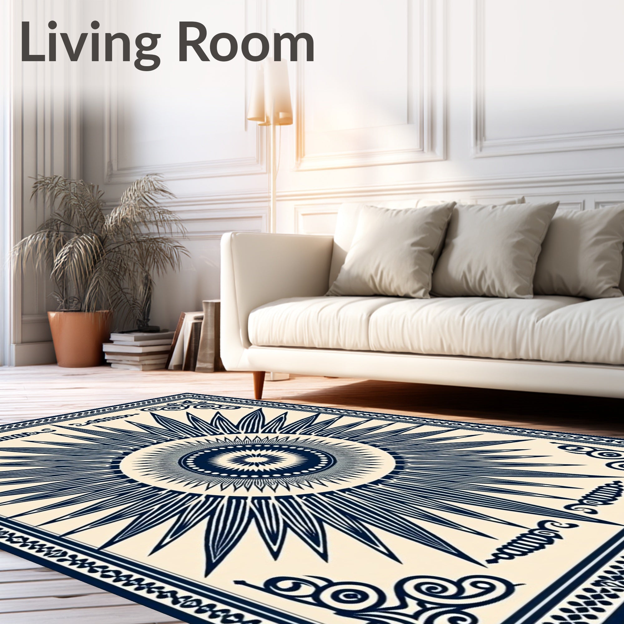 Navy Sunburst Mandala Border Design Rug