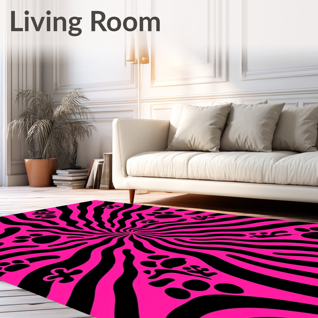 Vibrant Pink Black Paw Swirl Rug
