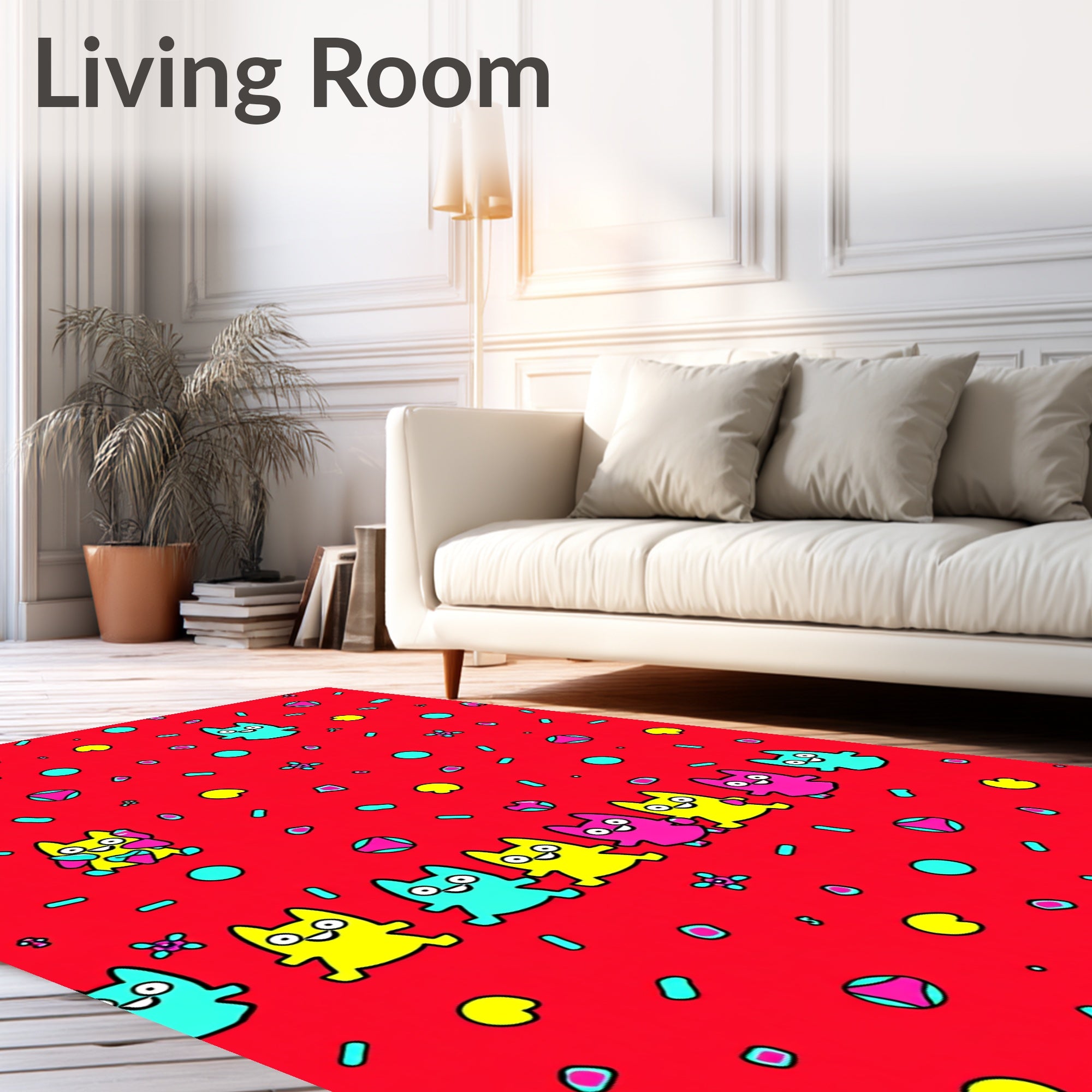 Bright Red Whimsical Cat Sprinkle Collage Rug
