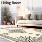 Ornate Vintage Black Cream Medallion Border Rug