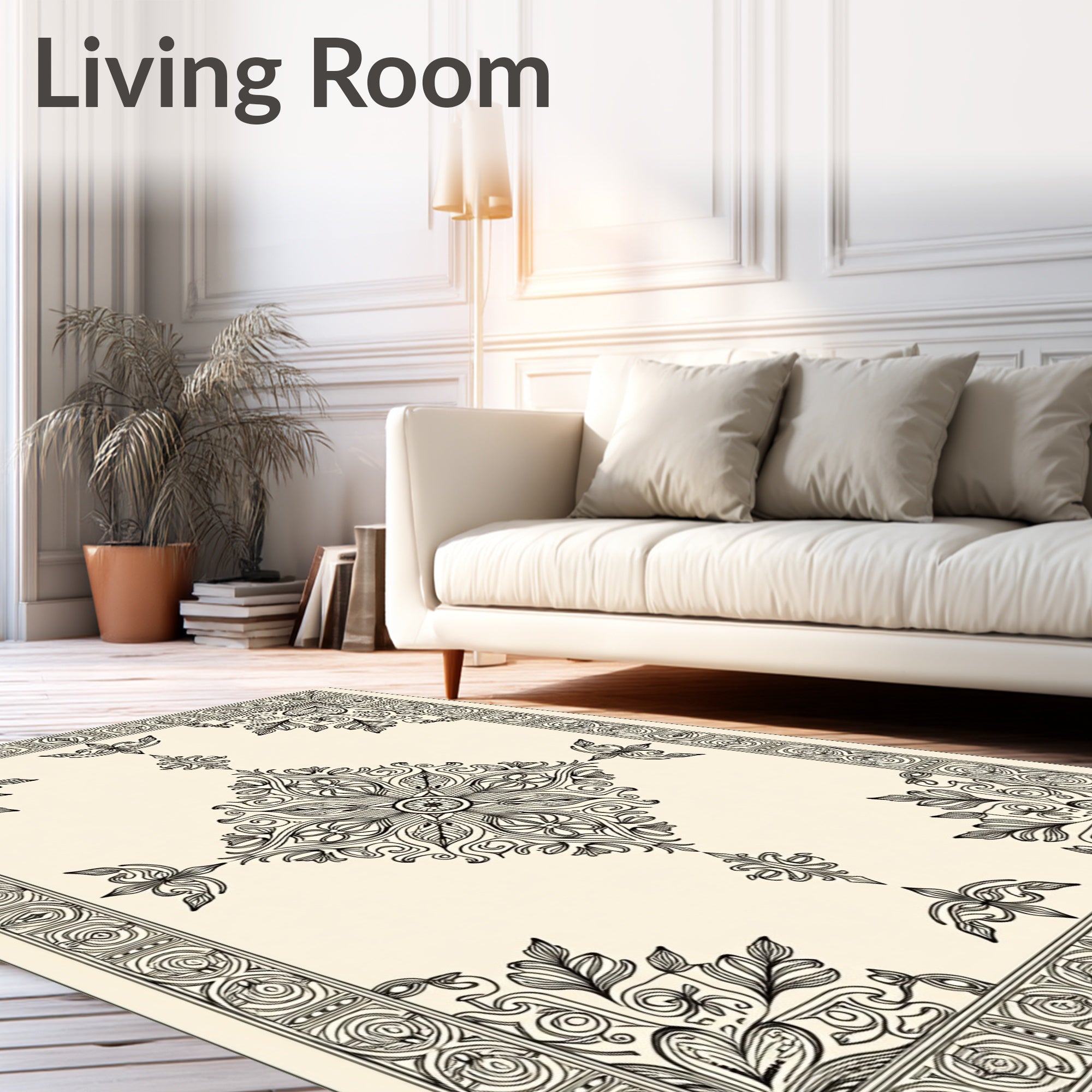 Ornate Vintage Black Cream Medallion Border Rug